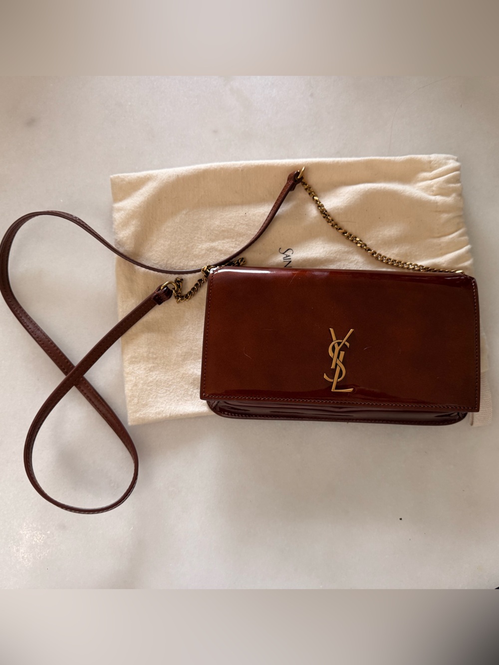 Saint Laurent Brown Patent Leather YSL Chain Crossbody